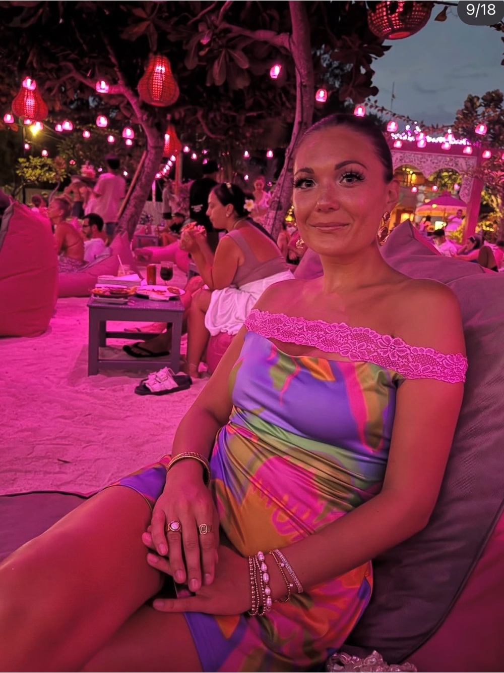 One-Shoulder Multicolor Floral Mini Dress with Pink Trim - Picture 2 of 3